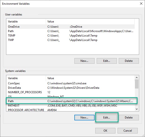 Environment variables window